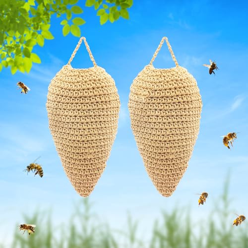 2 Pack Große Häkel-Wespennest Lockvögel, hängende Wespenschreck für Wespen Hornissen, Wespennest Lockvogel Wespenschreck für Outdoor Hängende Häkel-Wespennest Dekoration (Khaki-Gelb) von Vecacosic