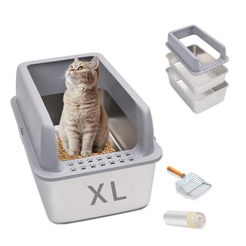 Katzentoilette aus Edelstahl mit Deckel, XL, hochseitig, auslaufsicher, leicht zu reinigen, 59,9 cm L x 39,9 cm B x 19,8 cm H, inklusive Schaufel und Einsatz, ideal für große Katzen und Kiefernpellets Katzentoilette aus Edelstahl mit Deckel, XL, hochseitig, auslaufsicher, leicht zu reinigen, 59,9 cm L x 39,9 cm B x 19,8 cm H, inklusive Schaufel und Einsatz, ideal für große Katzen und Kiefernpellets von Vechor