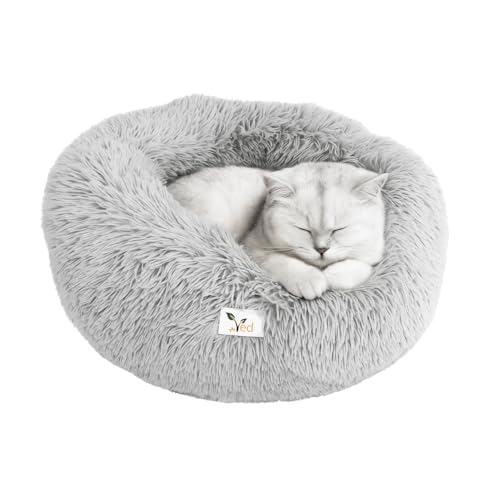 Ved Beruhigendes Haustierbett– Flauschiges Donut-Kissen für Hunde & Katzen, Weiches, waschbares, rundes Plüschbett mit Rutschfester Unterseite, Hellgrau (50 x 50 x 20 cm (L x W x H)) von Ved