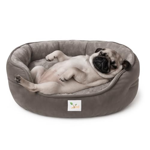 Ved Soft Cat Bed – Rundes, waschbares Haustierbett für Hauskatzen und Kätzchen, Wendekissen, rutschfeste Unterseite, Grau, (63 x 53 x 20 cm (L x W x H)) von Ved