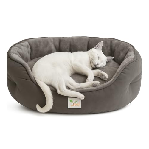 Ved Weiches Katzenbett – Rundes, waschbares Haustierbett für Hauskatzen und Kätzchen, Wendekissen, rutschfeste Unterseite, Grau,(51 x 48 x 15 cm (L x W x H)) von Ved