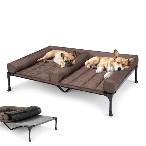 Veehoo Outdoor Hundeliege Erhöht, Hundebett Outdoor Erhöht mit abnehmbarem Bloster für 2 Hunde Kühlendes Erhöhtes Hundebett mit Atmungsaktivem Teslin-Netz für Haus Garten, Schwarz Silber 125x83x23cm von Veehoo