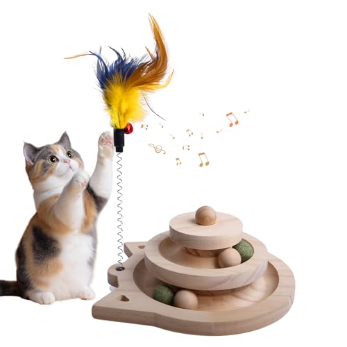 Vefhby Interaktives Katzenspielzeug Selbstbeschäftigung, Holz Katzenspielzeug Intelligenz Massivholz Katzen Spielzeug, Trainingsgerät Spiel Schienen Spielzeug für Katzen(3 runden Schienen) von Vefhby