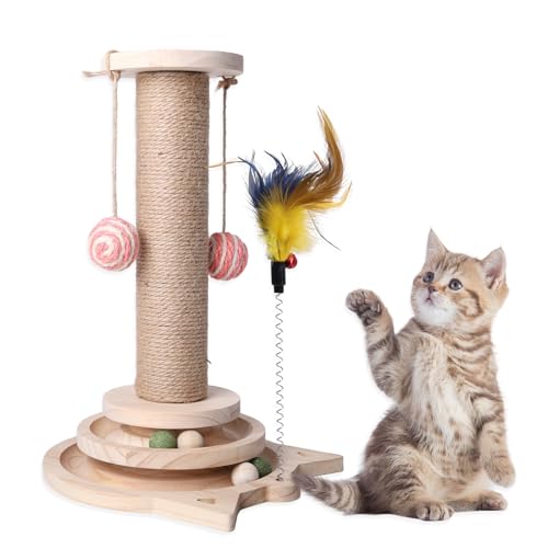 Vefhby 4 in 1 Interaktives Katzenspielzeug Selbstbeschäftigung, Katzenspielzeug Holz Sisalseil Kratzbaum mit Hängenden Kugeln, Intelligenz Katzen Spielzeug, Spielzeug Katze Intelligenz mit Frühling von Vefhby