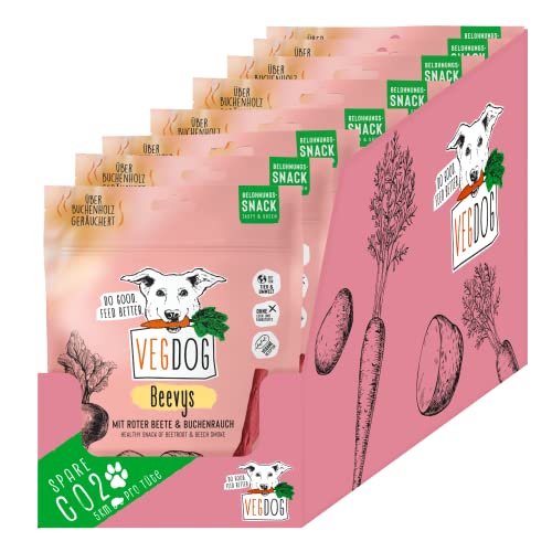 VEGDOG BEEVYS Veganer Belohnungssnack für Hunde mit Roter Beete, Kartoffel und Reis, für Allergiker geeignet, geräuchert über Buchenholz, Vorteilspack 9 x 80 g von VEGDOG