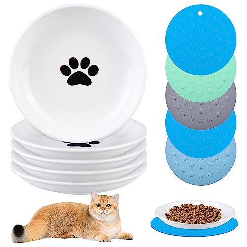 5 Pcs Katzennapf Aus Keramik, Katzenfutterteller Aus Keramik, Futternapf Katzen, Katzennäpfe Keramik Napf Mit Rutschfester Matte Fressnapf Katze Nassfutternäpfe Für Katzen Flache Schalen Für Kätzchen von Vegena