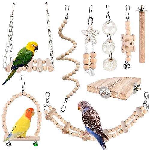 9 Stück Vogelspielzeug - Papageienspielzeug, Vogelkäfig Schaukelspielzeug, Kauspielzeug Vögel Spielzeug, Vogelkäfig Zubehör, Holz Sitzstangen Plattform für Wellensittich,Nymphensittiche,Aras,Finken von Vegena