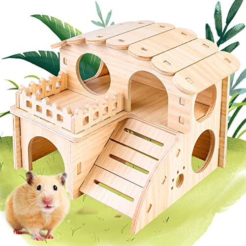 Hamster Eckhaus - Holz Hamsterhaus, Meerschweinchen Haus mit Leiter, 2 Etagen Hamster Versteck, Hamster Haus Holz für Kleine Haustiere Zwerghamster, Degus, Stachelmäuse, Rennmäuse von Vegena