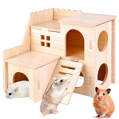 Hamster Eckhaus - Holz Hamsterhaus, Meerschweinchen Haus mit Leiter, 2 Etagen Hamster Versteck, Hamster Haus Holz für Kleine Haustiere Zwerghamster, Rennmäuse, Degus, Stachelmäuse von Vegena