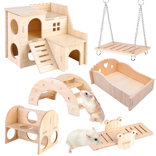 Spielzeug Für Hamster Aus Holz, 6 Stück Hamster Kauspielzeug, DIY Hamster Spielzeug, Hamster Haus Brücke Wippe Schaukel Käfig Dekor Zubehör Für Rennmaus, Meerschweinchen, Chinchilla, Kaninchen, Vögel von Vegena