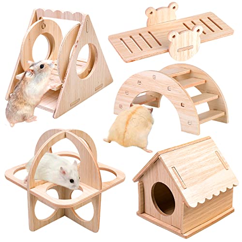 Vegena 5 Stück Spielzeug für Hamster aus Holz, DIY Hamster Spielzeug, Hamster Versteck Haus Brücke Wippe Schaukel Trainingspielzeug, Hamster Zubehör für Den Käfig Rennmäuse Ratten Zwerghamster von Vegena