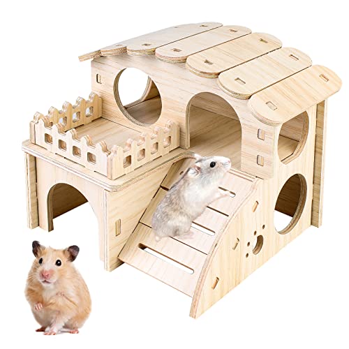 Vegena Hamster Eckhaus, Holz Hamsterhaus, 2 Etagen Hamster Käfig Versteck Ecketage Dekor Zubehör für Zwerghamster, Rennmäuse, Degus, Stachelmäuse von Vegena