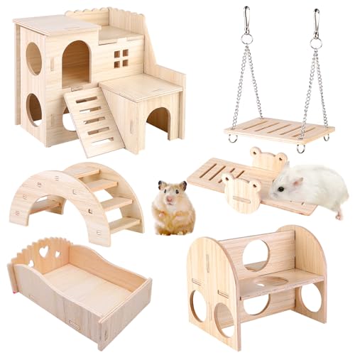 Vegena Hamsterspielzeug-Set, 6-teiliges Hamsterspielzeug-Set, Holzkiefer, Meerschweinchen, Spielzeug, inklusive Holz-Hamsterhaus, Wippbrücke und Schaukel, Holzspielzeug für Hamster, Hasen, kleine Vegena Hamsterspielzeug-Set, 6-teiliges Hamsterspielzeug-Set, Holzkiefer, Meerschweinchen, Spielzeug, inklusive Holz-Hamsterhaus, Wippbrücke und Schaukel, Holzspielzeug für Hamster, Hasen, kleine von Vegena