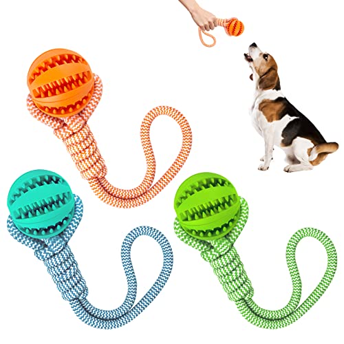 Vegena Hundeball mit Schnur, 3 Stück Hundespielzeug Wurfball mit Seile, 6 cm Snackball Hund aus Naturkautschuk Spielzeugball Zahnpflege für Große & Kleine Hunde von Vegena