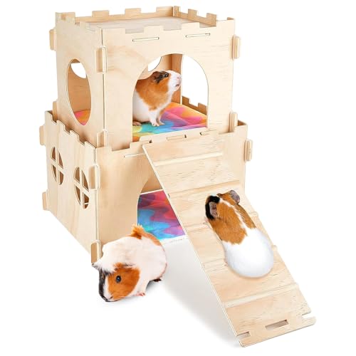Vegena Meerschweinchenhaus aus Holz, Meerschweinchenversteck mit Rampe und Matten, abnehmbares Tierhaus mit Türen und Fenstern für Ratte, Chinchilla, Hamster, Hase, 55 x 25 x 20 cm von Vegena