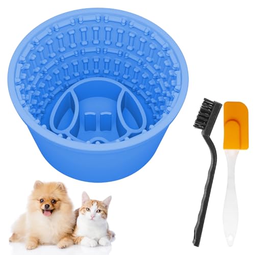 Vegena Silikon Hund Leckmatte Schüssel, Slow Feeder Hundenapf, Hund Lecknapf Hund Leckschüssel mit Spatel und Bürste, Leckerli-Spender für Angstlinderung und langsames Fütterungstraining (Blau) von Vegena