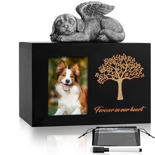 Vehipa Tierurnen für Hunde Holz Hundeurne mit Hundeengel und Aschebeutel,Haustierurne mit Fotorahmen,Gedenkbox für Asche Hund und Katze,Schwarz 18x12x12cm von Vehipa