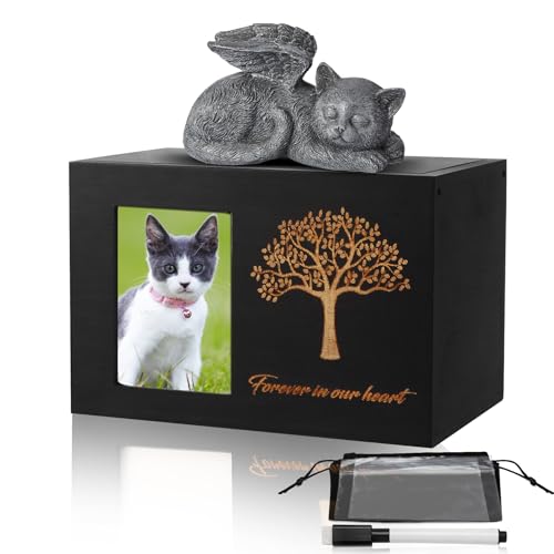 Vehipa Tierurnen für Hunde Holz Hundeurne mit Katzenengel und Aschebeutel,Haustierurne mit Fotorahmen,Gedenkbox für Asche Hund und Katze,Schwarz 18x12x12cm von Vehipa