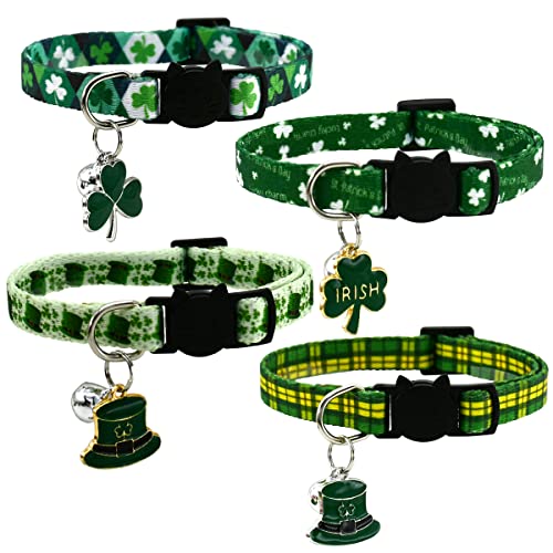 4 Stück St. Patrick's Day Katzenhalsbänder mit Glocke, Kätzchen, Kleeblätter, Charms, Halsband, Katzen, Koboldhut, Anhänger, Halsband, für kleine Hunde, verstellbar, für Kätzchen, Welpen von Vehomy