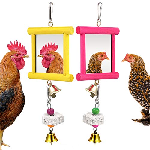 Vehomy 2 Hühner-Spiegel-Spielzeug für Hühner, Hängeschaukel mit Glöckchen und 4 Schnabelschleifsteinen, für Hahn, Hennen, Vögel, Papageien (gelb und rot) von Vehomy