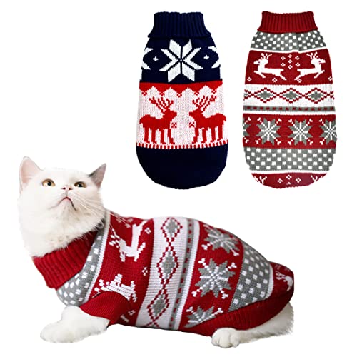 Vehomy 2Pcs Haustier Weihnachtspullover Katze Pullover Kätzchen Strickwaren Hund Weihnachten Kleidung Weihnachten Rot Pullover mit Rentieren Schneeflocken Muster für Kätzchen Katze Welpe Hund L von Vehomy