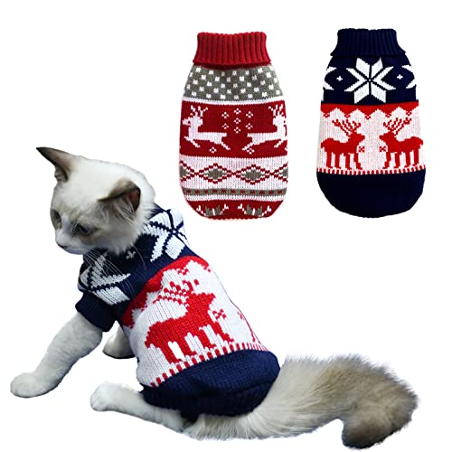 Vehomy 2Pcs Haustier Weihnachtspullover Katze Pullover Kätzchen Strickwaren Hund Weihnachten Kleidung Weihnachten Rot Pullover mit Rentieren Schneeflocken Muster für Kätzchen Katze Welpe Hund XS von Vehomy