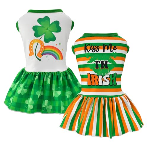 Vehomy 2er-Pack Hundekleider St. Patrick's Day Hundekleid mit Glückskleeblatt-Muster, grünes Karomuster, Hunderock, gestreift, Welpen, St. Patrick's Day, Kleidung, Outfit für kleine, mittelgroße Vehomy 2er-Pack Hundekleider St. Patrick's Day Hundekleid mit Glückskleeblatt-Muster, grünes Karomuster, Hunderock, gestreift, Welpen, St. Patrick's Day, Kleidung, Outfit für kleine, mittelgroße von Vehomy