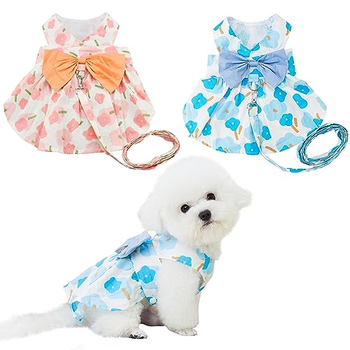 Vehomy 2er-Pack Hundekleider für kleine Hunde, Welpengeschirr, Kleid und Leine, Set mit niedlicher Schleife, Blumenmuster, für Hunde, Katzen, Prinzessinnenkleid, Hemd, Haustierkleidung, Outfits für von Vehomy