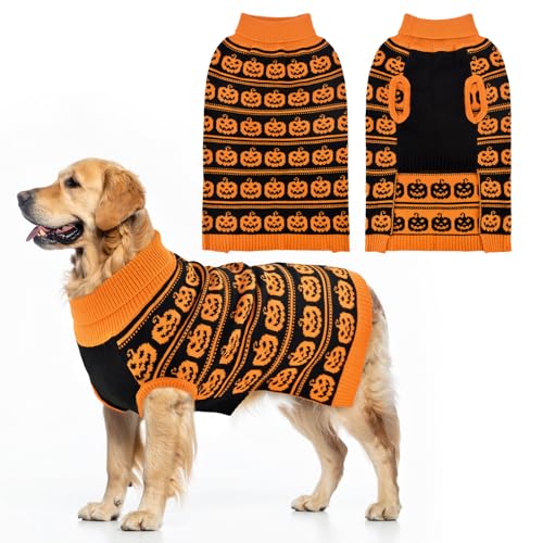 Vehomy Halloween-Hundepullover mit gruseligen Kürbissen, Rollkragenpullover, Halloween-Kürbis-Kostüm, Kleidung, Strickwaren, Pullover für Katzen, kleine, mittelgroße und große Hunde, Größe 4XL von Vehomy