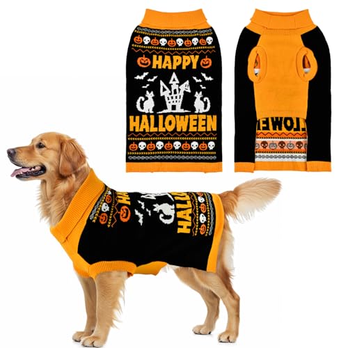 Vehomy Halloween-Rollkragenpullover für Hunde mit niedlichem Katzenschädel-Kürbis-Muster, warme Strickwaren, Halloween-Haustierpullover, Kleidung, Kostüm, Outfit, Pullover für Katzen, kleine von Vehomy