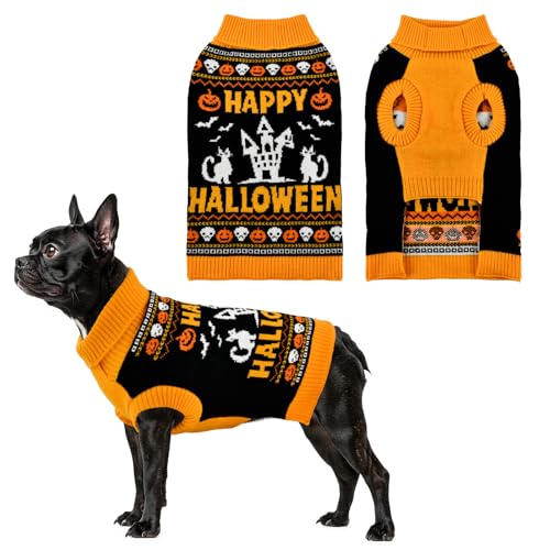 Vehomy Halloween-Rollkragenpullover für Hunde mit niedlichem Katzenschädel-Kürbis-Muster, warme Strickwaren, Halloween-Haustierpullover, Kleidung, Kostüm, Outfit, Pullover für Katzen, kleine Vehomy Halloween-Rollkragenpullover für Hunde mit niedlichem Katzenschädel-Kürbis-Muster, warme Strickwaren, Halloween-Haustierpullover, Kleidung, Kostüm, Outfit, Pullover für Katzen, kleine von Vehomy