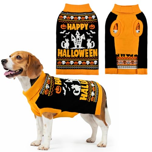 Vehomy Halloween-Rollkragenpullover für Hunde mit niedlichem Katzenschädel und Kürbismustern, warme Strickwaren, Halloween-Haustierpullover, Kleidung, Kostüm, Outfit, Pullover für Katzen, kleine Vehomy Halloween-Rollkragenpullover für Hunde mit niedlichem Katzenschädel und Kürbismustern, warme Strickwaren, Halloween-Haustierpullover, Kleidung, Kostüm, Outfit, Pullover für Katzen, kleine von Vehomy