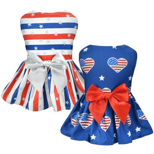 Vehomy Hundekleid mit amerikanischer Flagge, mit Schleife, Unabhängigkeitstag, Hunderock, Sterne und Streifen, für kleine und mittelgroße Hunde, Katzen, Größe L, 2er-Pack von Vehomy