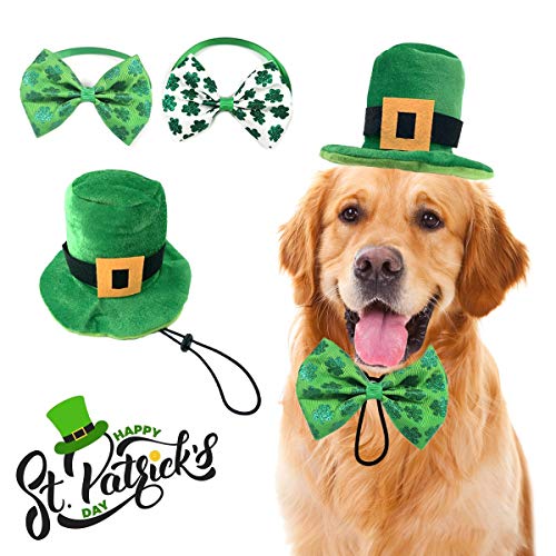 Vehomy Hundekostüm zum St. Patrick's Day – grüner Hut und 2 Kleeblatt-Hundehalsbänder zum Heiligen Patrick's Day mit Fliege für Hunde, Katzen, Welpen, Kätzchen (3 Stück) von Vehomy