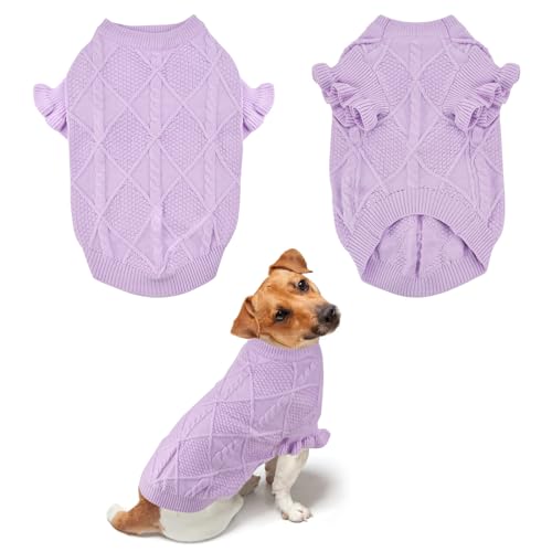 Vehomy Hundepullover für kleine und mittelgroße Hunde, warmer Haustier-Rollkragenpullover mit gerüschten Ärmeln, violetter Hunde- und Katzenpullover, Strickwaren, Kleidung für Mädchen, Jungen, Welpen, von Vehomy