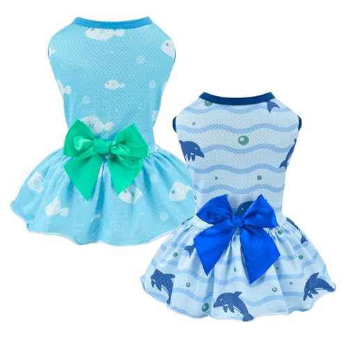 Vehomy Hundesommerkleid, atmungsaktiv, für Welpen, Katzen, mit Schleife, für den Sommer, coole Outfits, Röcke mit Seefisch-Delfin-Muster für kleine, mittelgroße Hunde, Größe XS, 2er-Pack Vehomy Hundesommerkleid, atmungsaktiv, für Welpen, Katzen, mit Schleife, für den Sommer, coole Outfits, Röcke mit Seefisch-Delfin-Muster für kleine, mittelgroße Hunde, Größe XS, 2er-Pack von Vehomy
