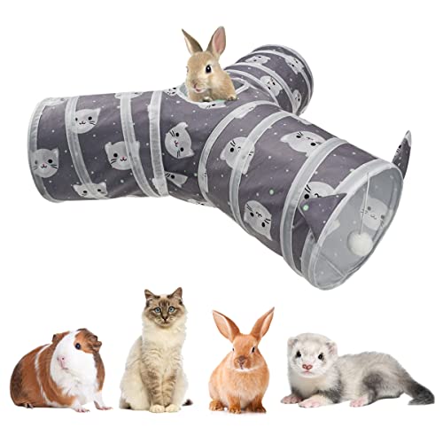 Vehomy Katzentunnel, Kaninchen, 3-Wege-Tunnel, faltbar, mit niedlichen Kätzchenmustern und Katzenohren, kleines Haustier-Versteck für Kaninchen, Kätzchen, Katze, Zwerg, Meerschweinchen, Y-Form von Vehomy