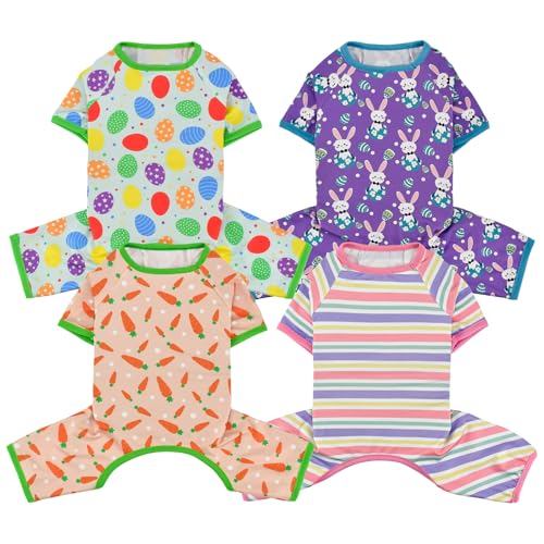 Vehomy Oster-Pyjama für Hunde, Oster-Pyjama, Einteiler, für Hunde und Katzen, mit Osterei, Karotte, Hase, Streifenmuster für kleine Hunde, 4 Stück Vehomy Oster-Pyjama für Hunde, Oster-Pyjama, Einteiler, für Hunde und Katzen, mit Osterei, Karotte, Hase, Streifenmuster für kleine Hunde, 4 Stück von Vehomy