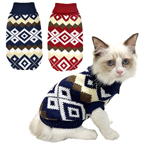 Vehomy Pullover für Haustiere, Weihnachten, kariert, Katzen, marineblau, Pullover, Kätzchen, Welpen, Weihnachten, Rot, Pullover, Kleidung für Kätzchen, Katzen, Welpen, Hunde, XS, 2 Stück von Vehomy