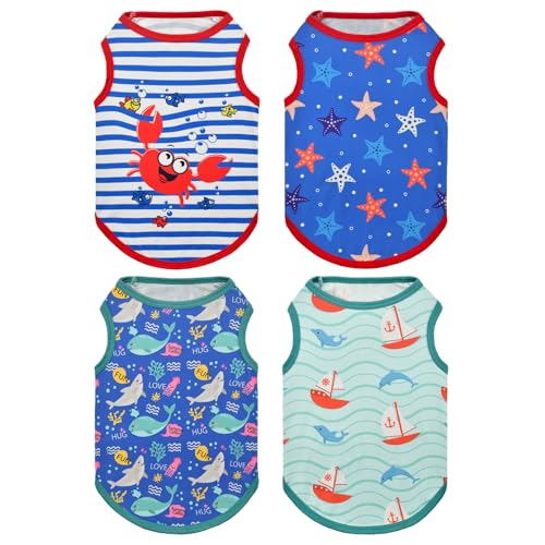Vehomy Sommerhemd für Hunde, weiche Baumwolle, Katze, ärmellos, gestreift, Tank-Top, Westen mit Seefisch-Muster, Kätzchen, Welpen, Sommerkleidung für kleine, mittelgroße Hunde, Größe S, 4er-Pack Vehomy Sommerhemd für Hunde, weiche Baumwolle, Katze, ärmellos, gestreift, Tank-Top, Westen mit Seefisch-Muster, Kätzchen, Welpen, Sommerkleidung für kleine, mittelgroße Hunde, Größe S, 4er-Pack von Vehomy