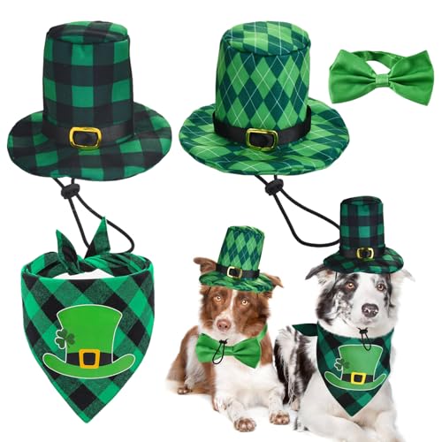 Vehomy St. Patrick's Day Hundehut, Halsband und Bandana, Kostüme, Büffelkariert, Baumwolle, Hundehüte, Kleeblatt-Schal, Fliege, irischer Urlaub, Haustier-Outfit, Zubehör für Katzen und Hunde, 4 Stück von Vehomy