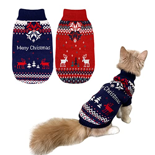 Vehomy Weihnachtspullover für Haustiere, Weihnachten, Kätzchen, Katzen, Rollkragen, Strickwaren, Shirt mit Schneeflocken-Elch-Muster, Hunde, Welpen, Kostüm für kleine Hunde, Größe S von Vehomy