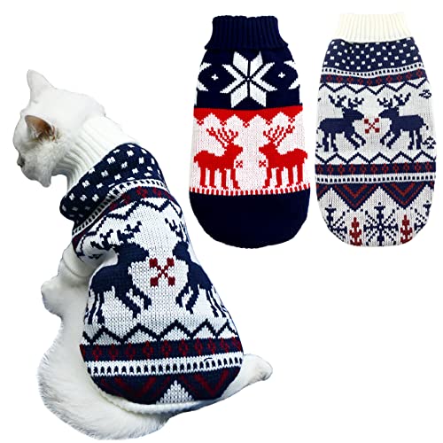 Vehomy Weihnachtspullover für Haustiere, Welpen, Katzen, Strickware, Hunde, Weihnachtskleidung, marineblau, Weihnachtsweiß, Pullover mit Rentieren, Schneeflocken-Muster für Kätzchen, Größe S von Vehomy