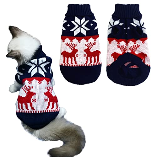 Vehomy Weihnachtspullover für Haustiere, für Katzen, Winter-Strickwaren, Marineblau, Pullover mit Rentieren und Schneeflocken, für kleine Hunde und Katzen, Größe S von Vehomy