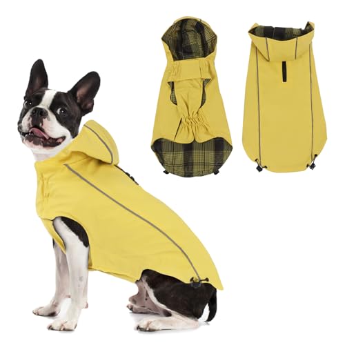 Vejaoo Regenmantel Hund Wasserdicht, Reflektierend Regenjacke mit Kapuze für Hund, Verstellbare Winddicht Regenjacken für Kleine Mittelgroße Groß Hunde Spaziergäng XZ015(Gelb,L) von Vejaoo