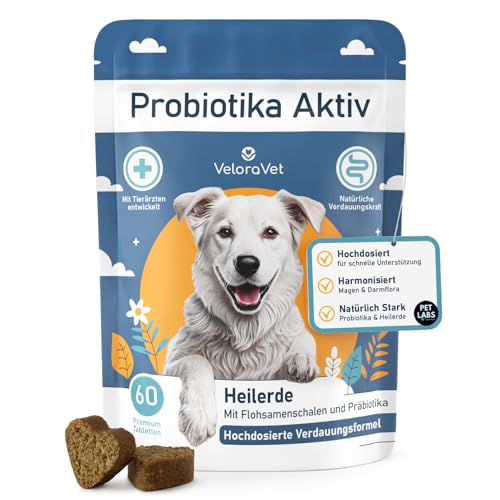 VeloraVet Probiotika Hund – Magen Darmsanierung & Darmkur für Hunde-Darmflora, Präbiotika, Flohsamenschalen & Heilerde, Tierärztlich empfohlen bei Durchfall, Sodbrennen – 60 Probiotika Tabletten von VeloraVet
