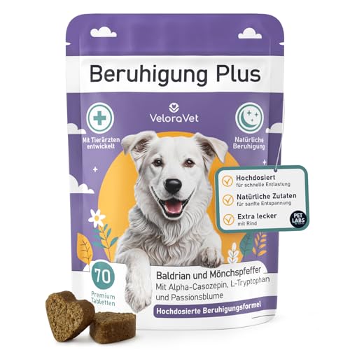 VeloraVet Beruhigungsmittel für Hunde mit Baldrian, Kamille - Natürliche Beruhigung & Seelenruhe als leckerer Snack für deinen Hund - Ideal bei Angst, Stress, Silvester, Autofahren - 70 Stück von VeloraVet