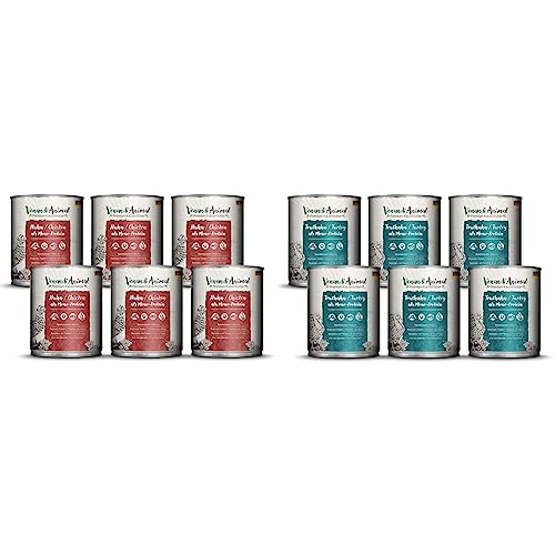 Venandi Animal Premium Nassfutter für Katzen, Huhn als Monoprotein & Premium Nassfutter für Katzen, Truthahn als Monoprotein, 6 x 800 g, getreidefrei und naturbelassen, 4.8 kg von VenandiAnimal