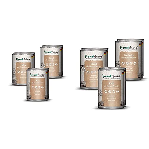 Venandi Animal Premium Nassfutter für Katzen, Probierpaket - Huhn, Ente, Rind- 6 x 400 g, 2.4 kg & Premium Nassfutter für Katzen, Probierpaket II, Pferd, Kalb, Truthahn, 6 x 400 g, 2.4 kg von Venandi Animal