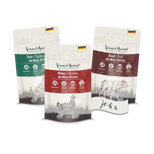 Venandi Animal - Premium Nassfutter für Katzen - Probierpaket I (Huhn, Ente, Rind) als Monoprotein 12er Pack (12 x 125 g), getreidefrei, Monoprotein von Venandi Animal